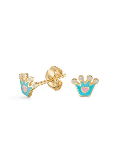 14K Gold Enamel Crown Kids Earrings - 