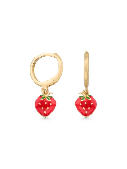 14K Gold Enamel Strawberry Drop Earrings for Kids - 