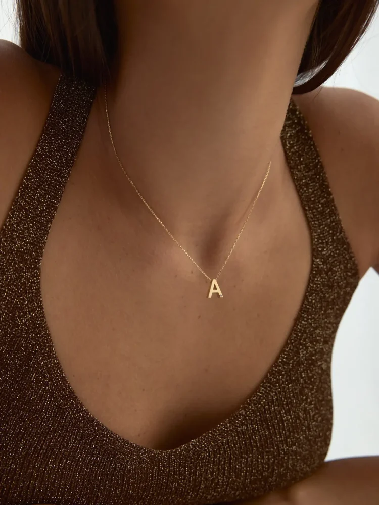 A Harfi Taşlı 14K Altın Harf Kolye - 2