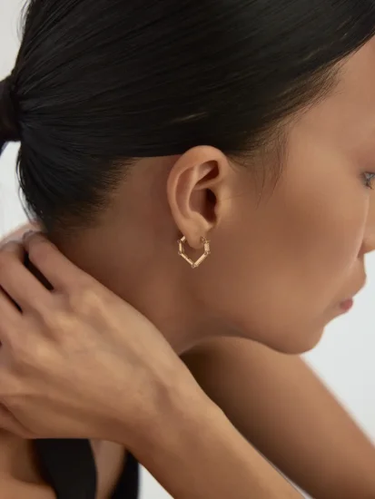 Altıgen Form Taş Detaylı Halka 14K Altın Küpe - (1)