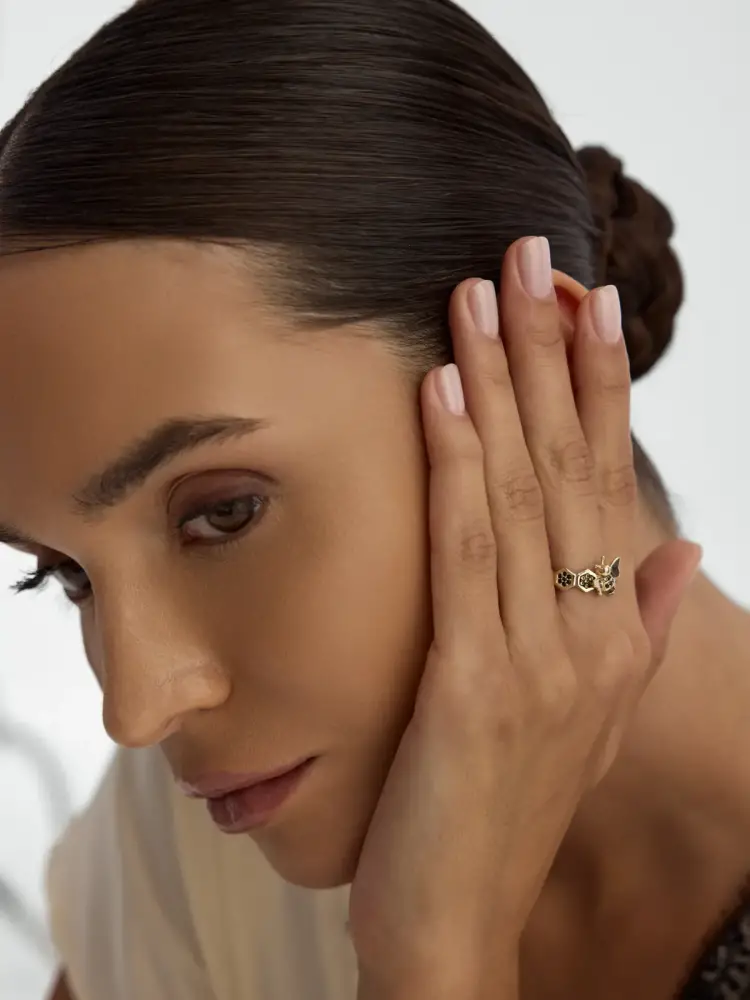 Arı Motifli Petek Detaylı 14K Altın Yüzük - 4