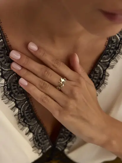 Arı Motifli Petek Detaylı 14K Altın Yüzük - (1)