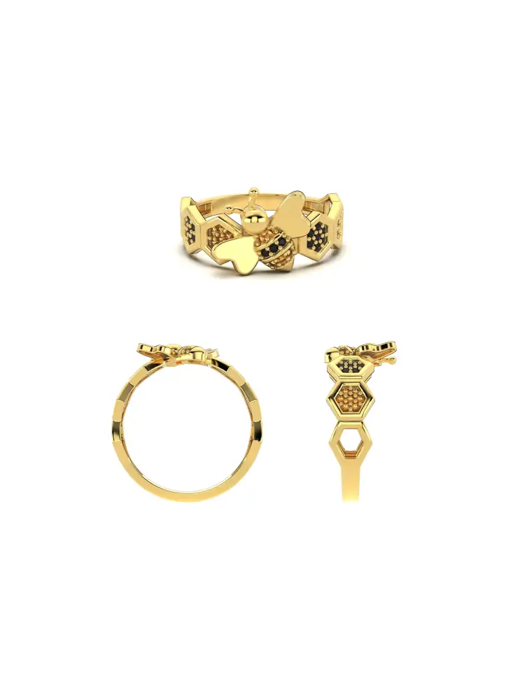 Arı Motifli Petek Detaylı 14K Altın Yüzük - 9