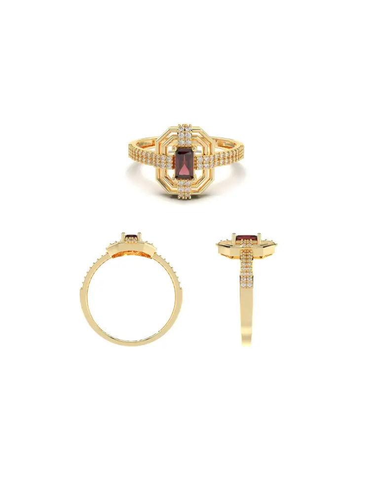 Art Deco Yakut Rengi Taşlı Geometrik 14K Altın Yüzük - 8