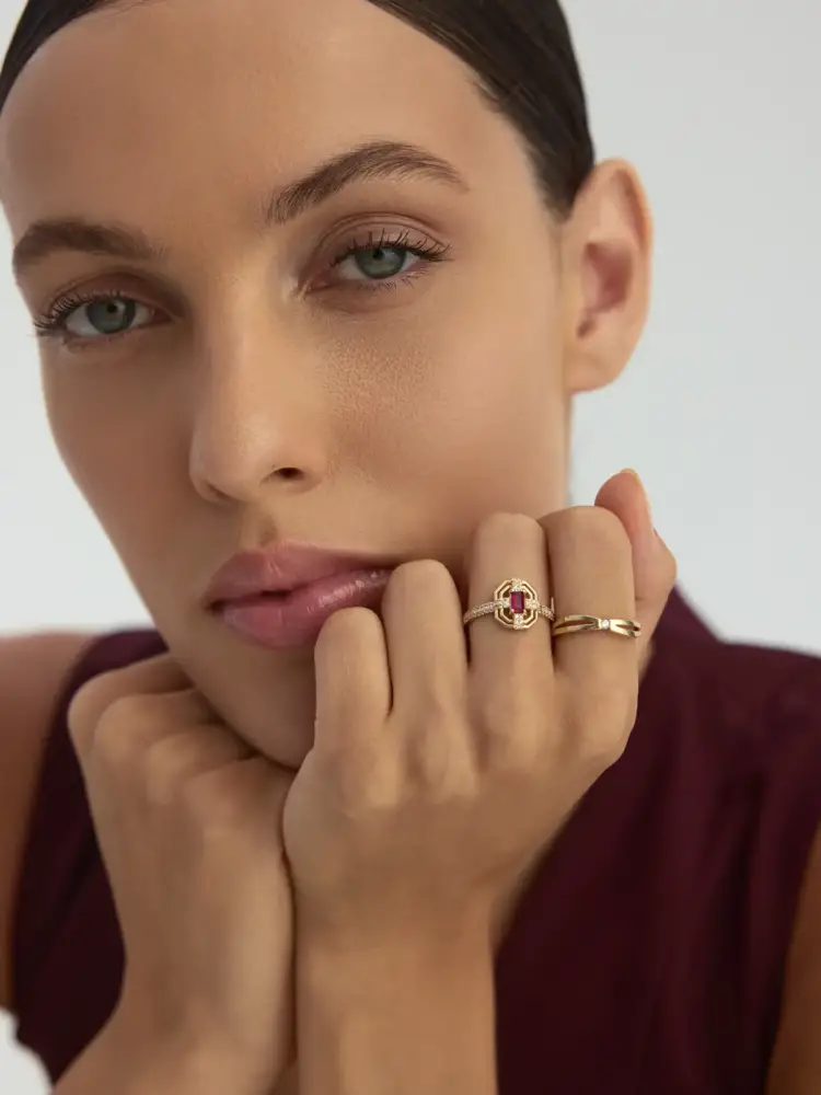 Art Deco Yakut Rengi Taşlı Geometrik 14K Altın Yüzük - 2