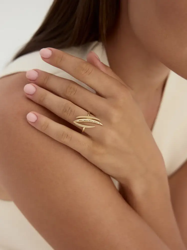 Asimetrik Pençe Formlu Taşlı 14K Altın Yüzük - 3