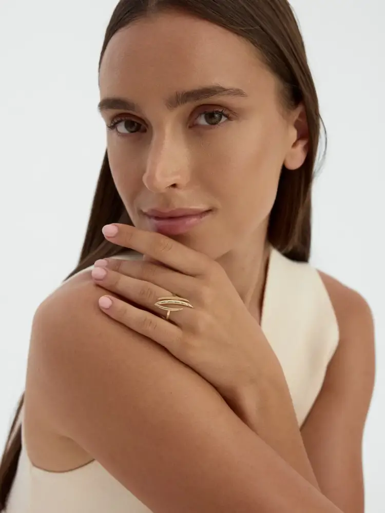 Asimetrik Pençe Formlu Taşlı 14K Altın Yüzük - 2