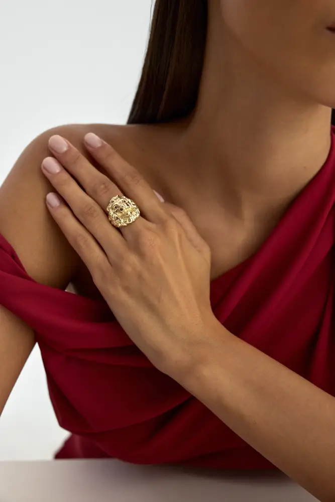 Aslan Başlı Heykel Form 14K Altın Yüzük - 5