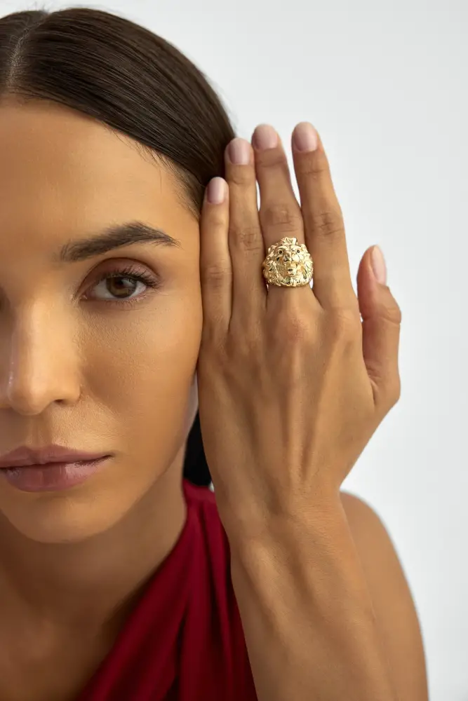 Aslan Başlı Heykel Form 14K Altın Yüzük - 4