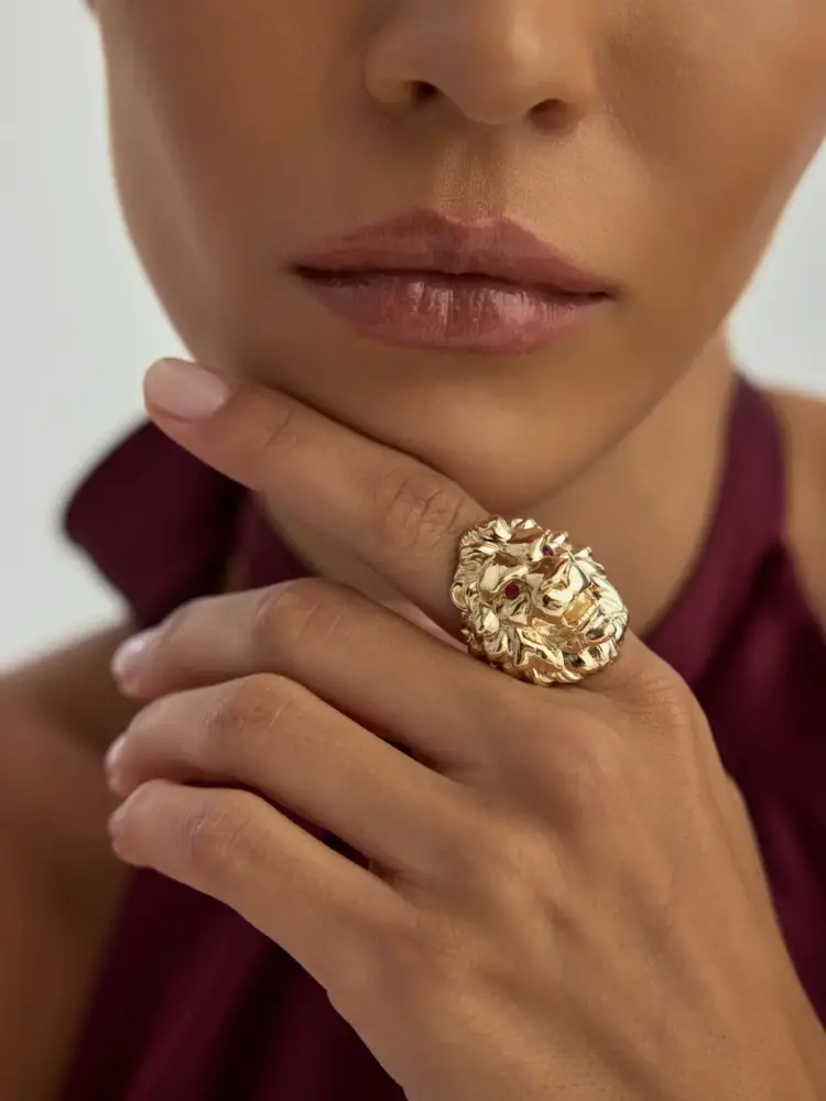 Aslan Figürlü Heykelsi 14K Altın Yüzük - 3