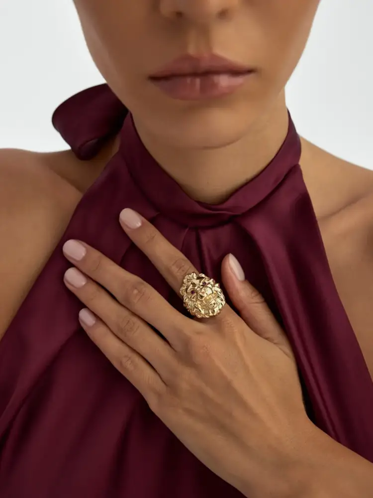 Aslan Figürlü Heykelsi 14K Altın Yüzük - 4