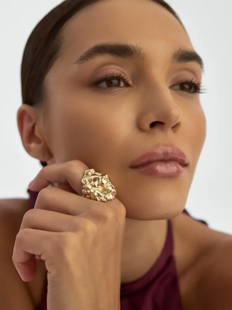 Aslan Figürlü Heykelsi 14K Altın Yüzük - 5