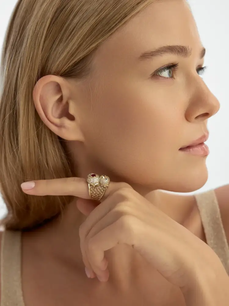 Ayıcık Figürlü Kalp Taşlı 14K Altın Yüzük - 3