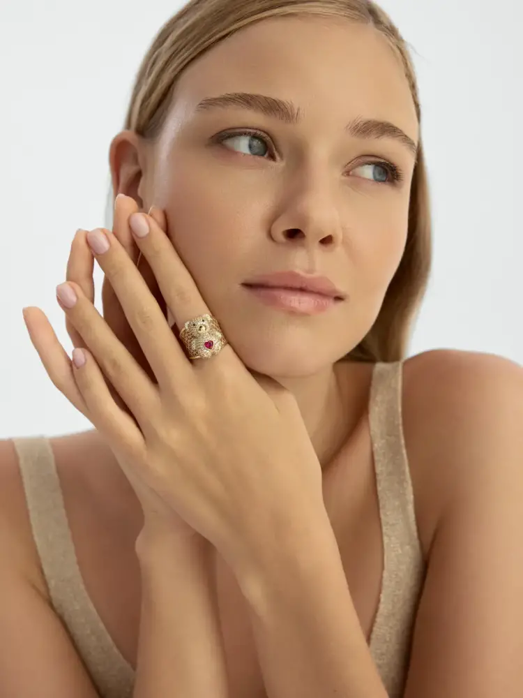 Ayıcık Figürlü Kalp Taşlı 14K Altın Yüzük - 6