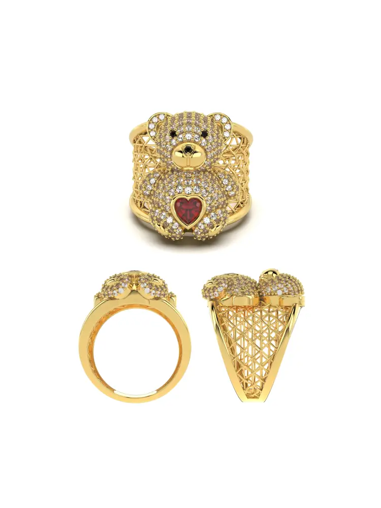 Ayıcık Figürlü Kalp Taşlı 14K Altın Yüzük - 10