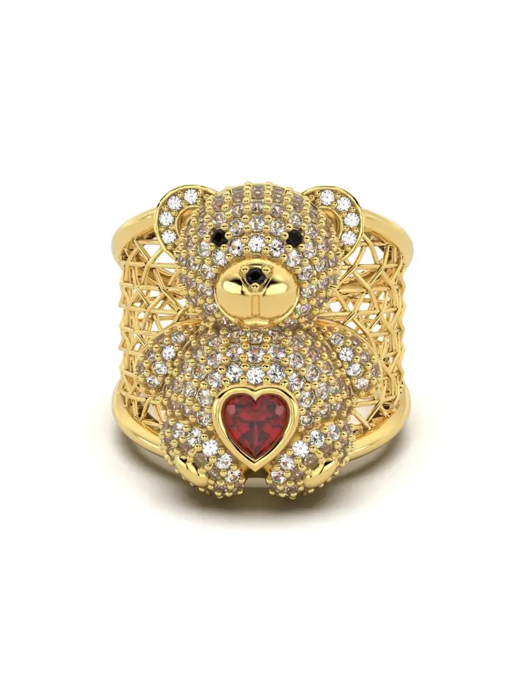 Ayıcık Figürlü Kalp Taşlı 14K Altın Yüzük - 1