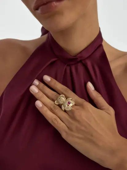 Ayıcık Figürlü Taşlı 14K Altın Yüzük - (1)