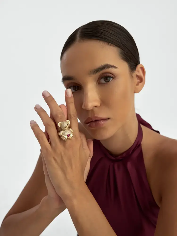 Ayıcık Figürlü Taşlı 14K Altın Yüzük - 4