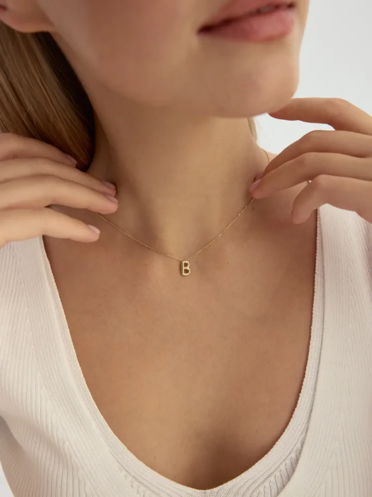 B Harfi Sade 14K Altın Harf Kolye - 2