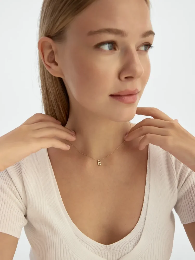 B Harfi Sade 14K Altın Harf Kolye - 3