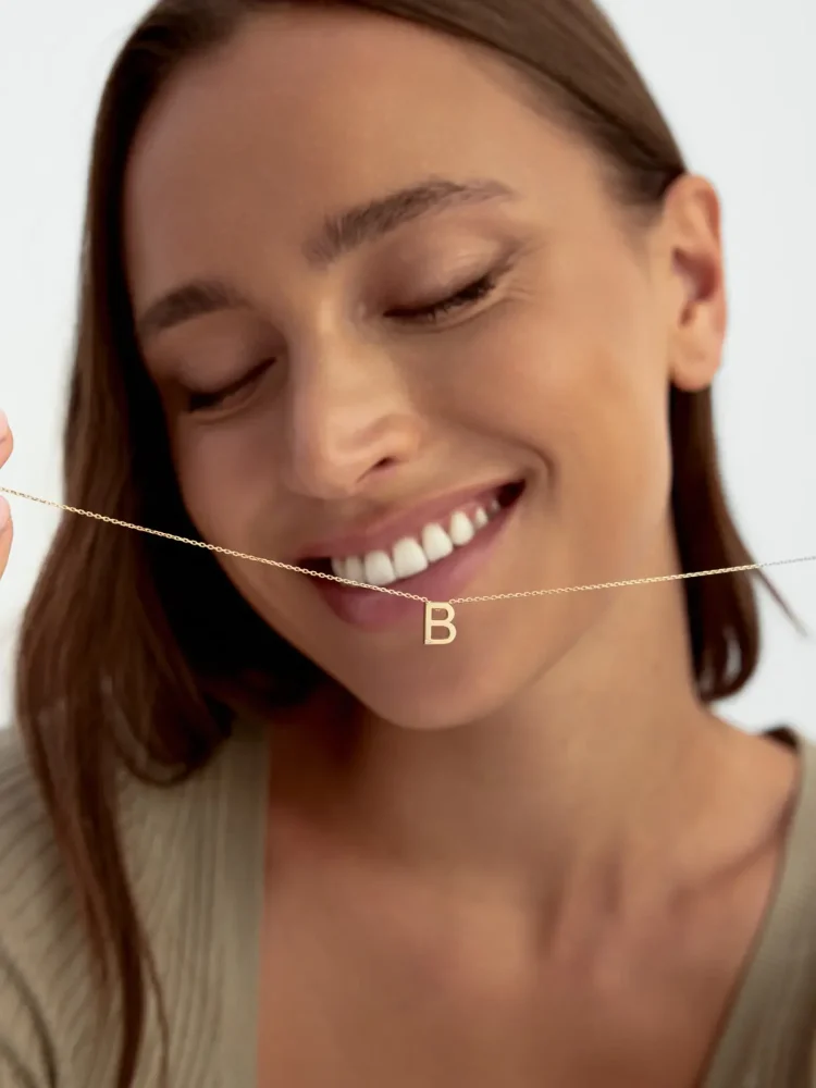 B Harfi Taşlı 14K Altın Harf Kolye - 2