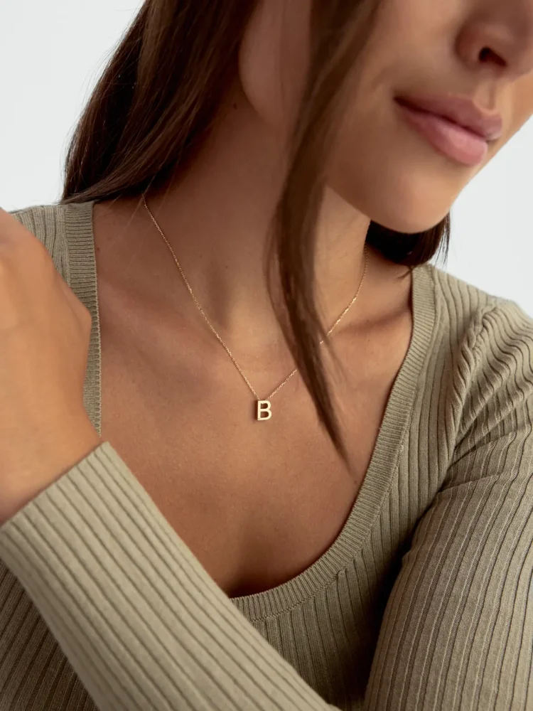 B Harfi Taşlı 14K Altın Harf Kolye - 3