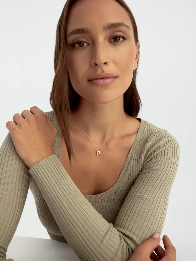 B Harfi Taşlı 14K Altın Harf Kolye - 4