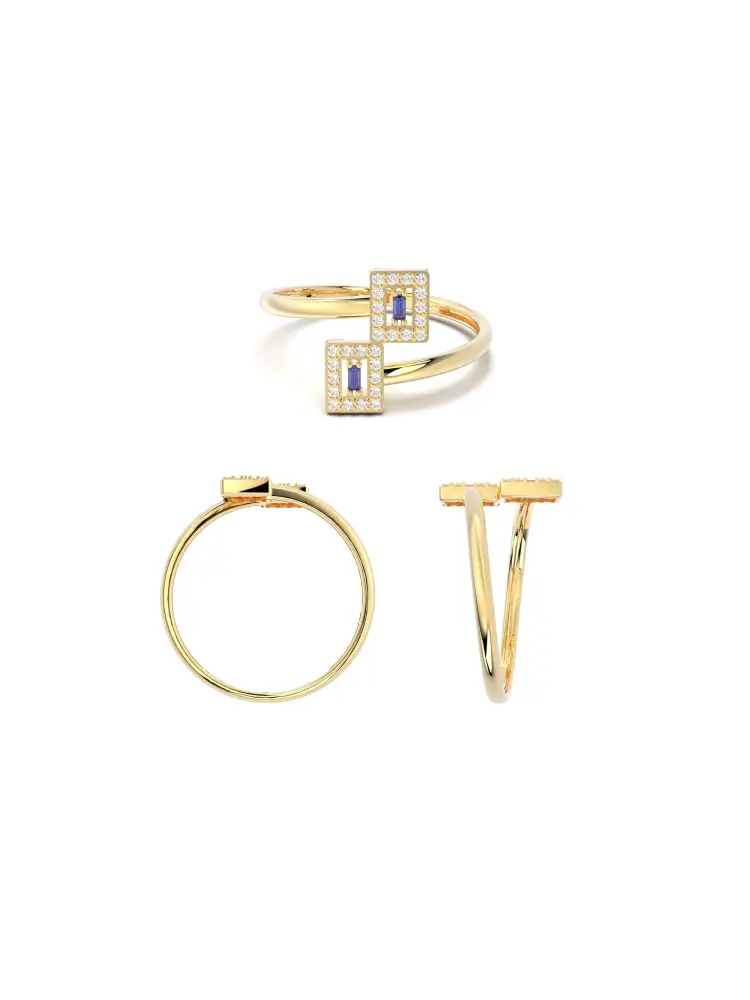 Baget Safir Rengi ve Pırlanta Görünümlü Modern 14K Altın Yüzük - 9