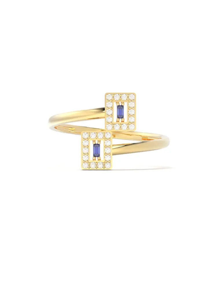 Baget Safir Rengi ve Pırlanta Görünümlü Modern 14K Altın Yüzük - 6