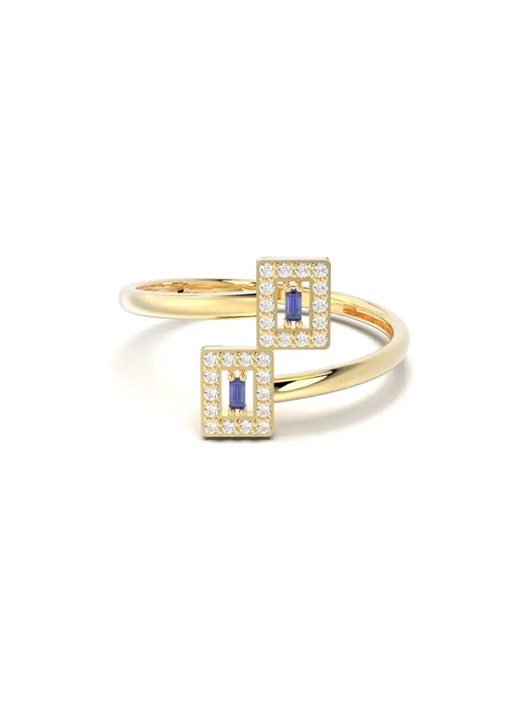 Baget Safir Rengi ve Pırlanta Görünümlü Modern 14K Altın Yüzük - 1