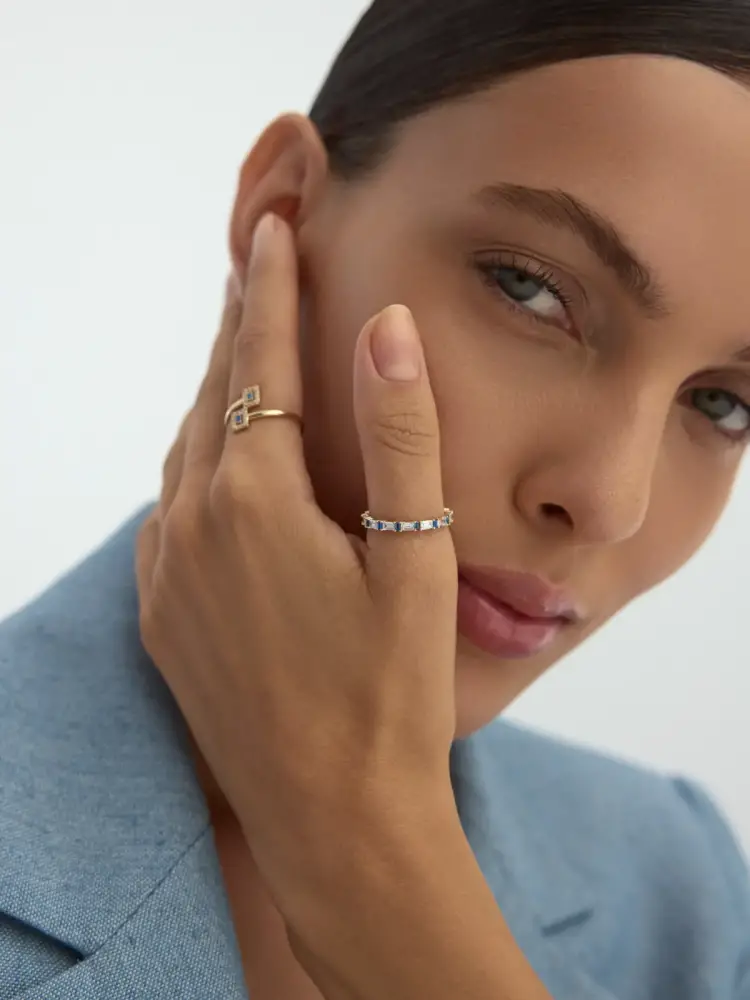 Baget Safir Rengi ve Pırlanta Görünümlü Modern 14K Altın Yüzük - 4