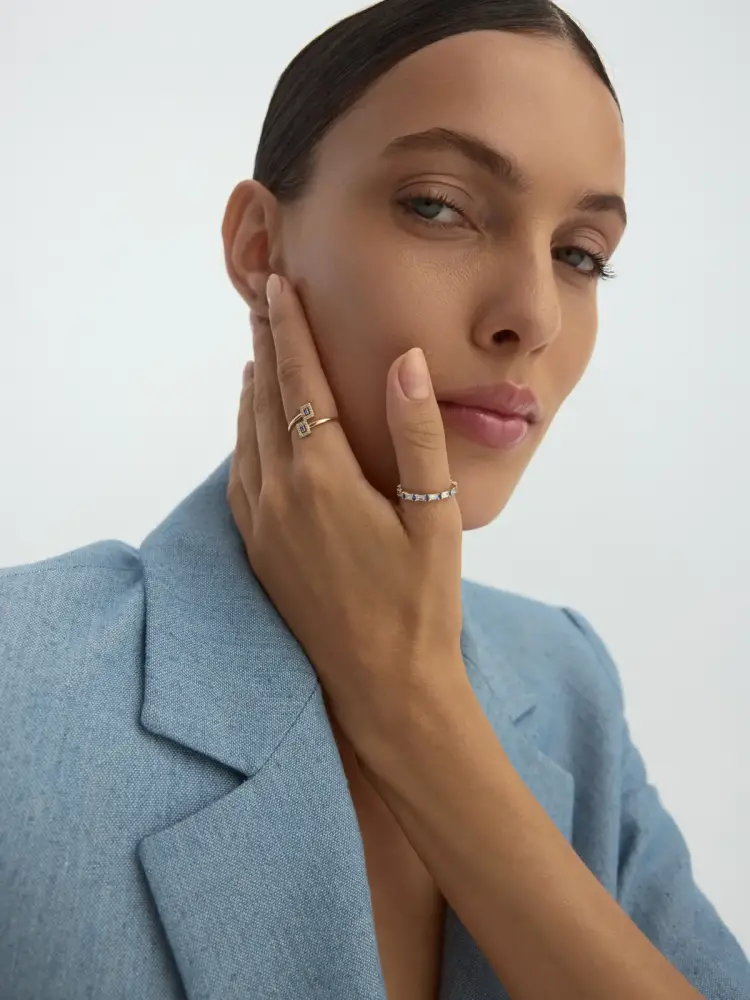 Baget Safir Rengi ve Pırlanta Görünümlü Modern 14K Altın Yüzük - 5