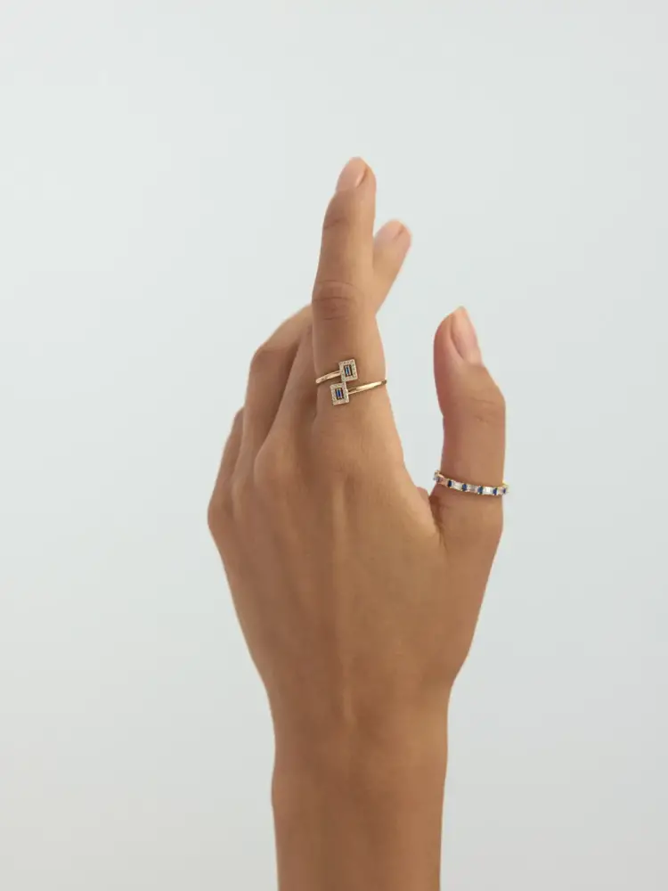 Baget Safir Rengi ve Pırlanta Görünümlü Modern 14K Altın Yüzük - 3