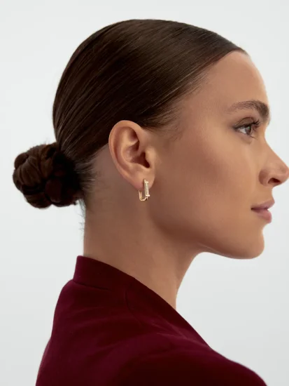 Baget Taş Detaylı Dikdörtgen Halka 14K Altın Küpe - (1)