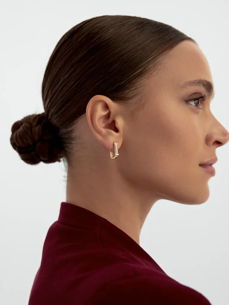 Baget Taş Detaylı Dikdörtgen Halka 14K Altın Küpe - 2