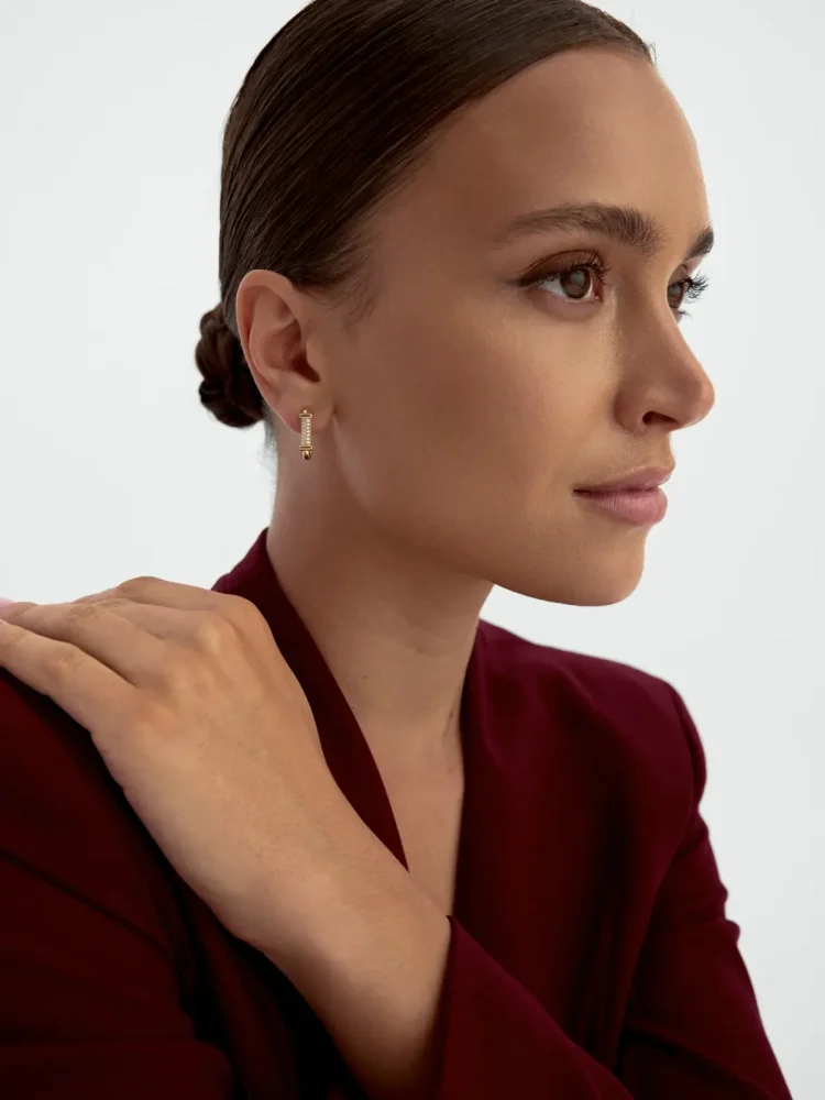 Baget Taş Detaylı Dikdörtgen Halka 14K Altın Küpe - 3