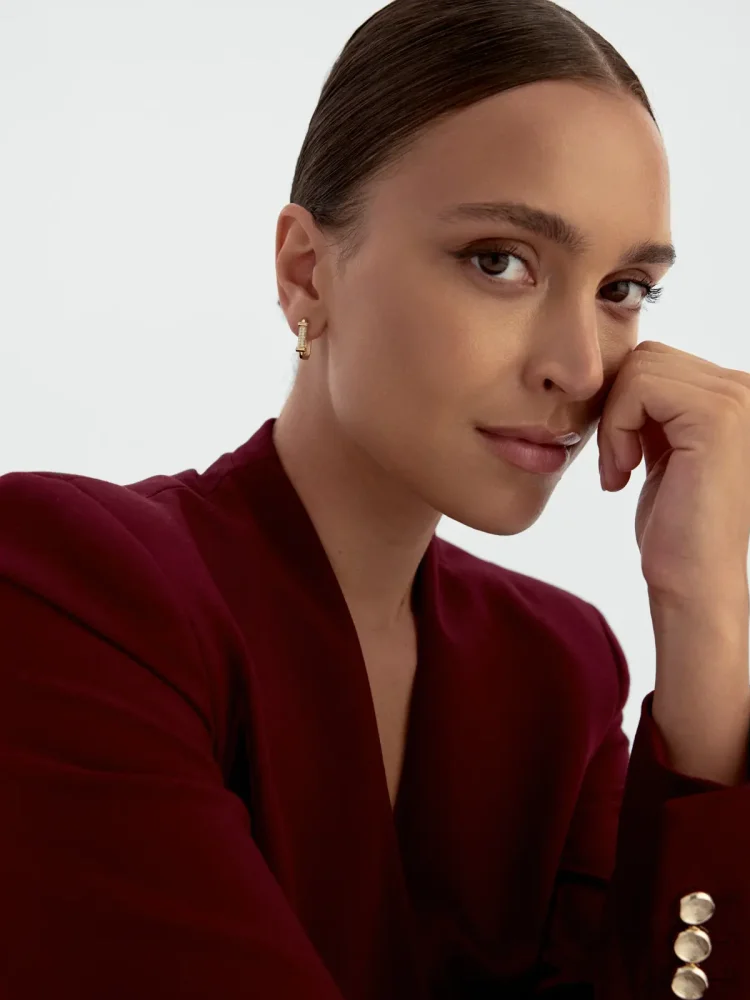 Baget Taş Detaylı Dikdörtgen Halka 14K Altın Küpe - 4