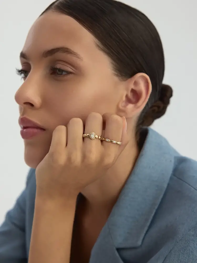 Baget Taşlı Geometrik Formlu 14K Altın Yüzük - 3