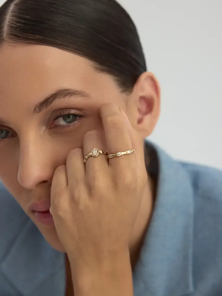 Baget Taşlı Geometrik Formlu 14K Altın Yüzük - 2