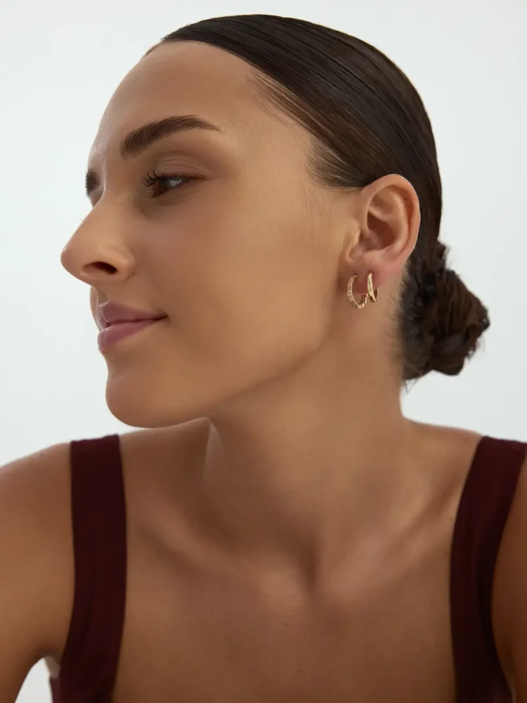 Bombeli İnce Halka 14K Altın Küpe - 3