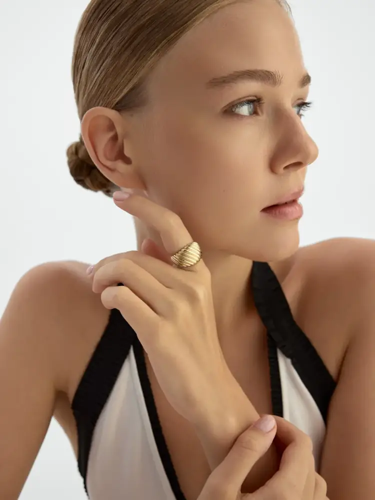 Bombeli Kordon Formlu 14K Altın Yüzük - 4