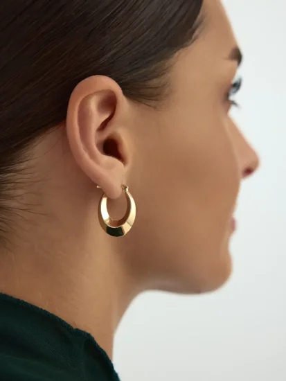 Bombeli Oval Form Halka 14K Altın Küpe - (1)