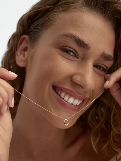 Ç Harfi Sade 14K Altın Harf Kolye - (1)