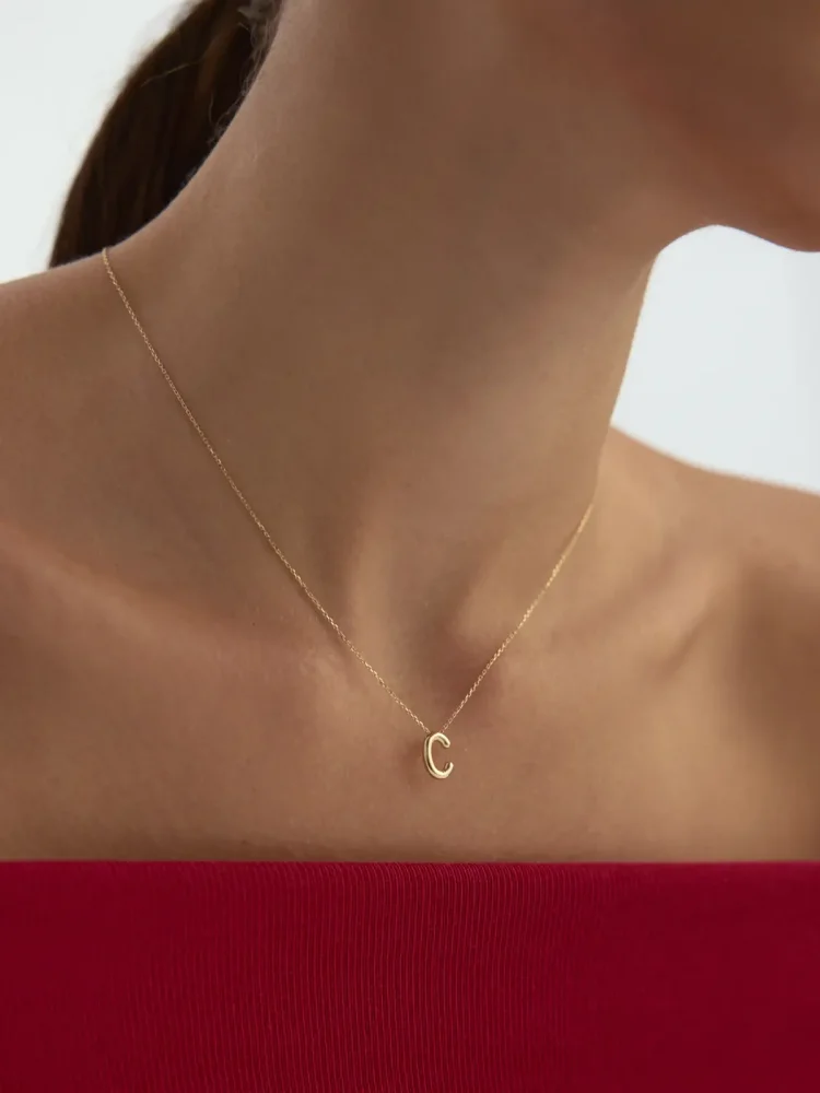 C Harfi Sade 14K Altın Harf Kolye - 2