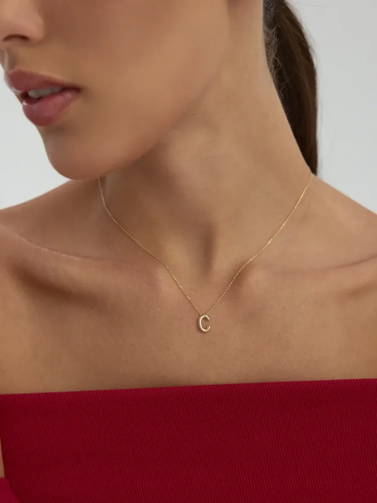 C Harfi Sade 14K Altın Harf Kolye - 3