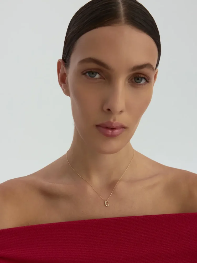 C Harfi Sade 14K Altın Harf Kolye - 4