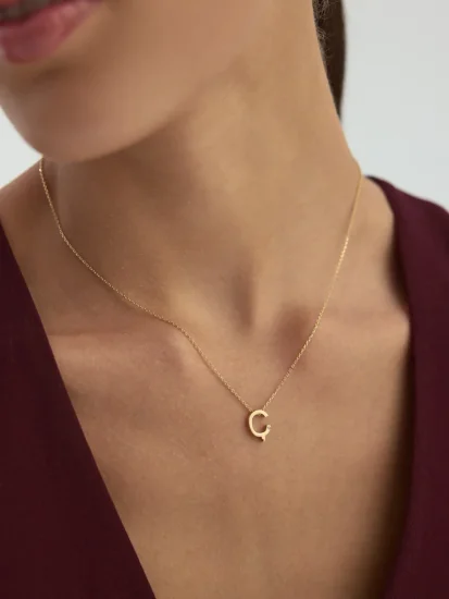 Ç Harfi Taşlı 14K Altın Harf Kolye - (1)