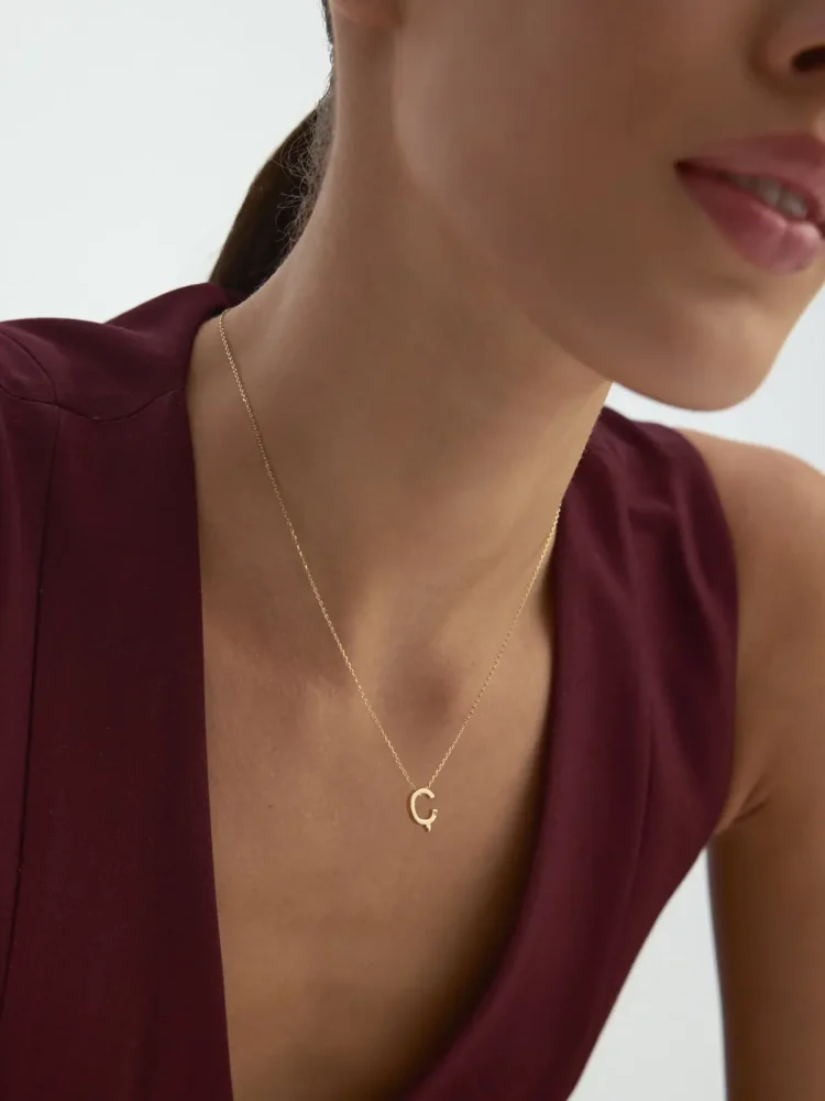 Ç Harfi Taşlı 14K Altın Harf Kolye - 3