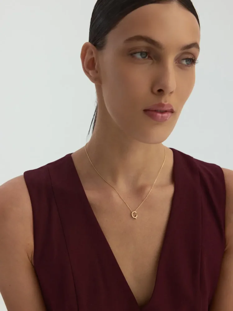 Ç Harfi Taşlı 14K Altın Harf Kolye - 4