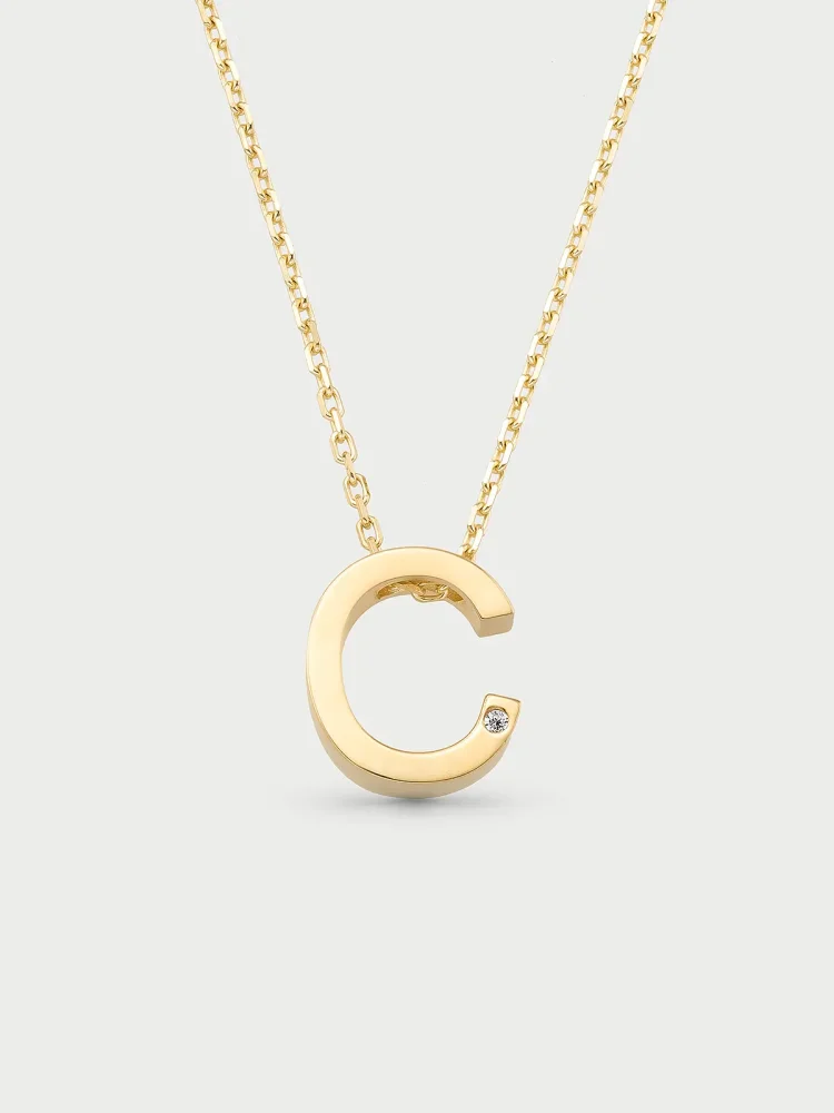 C Harfi Taşlı 14K Altın Harf Kolye - 1